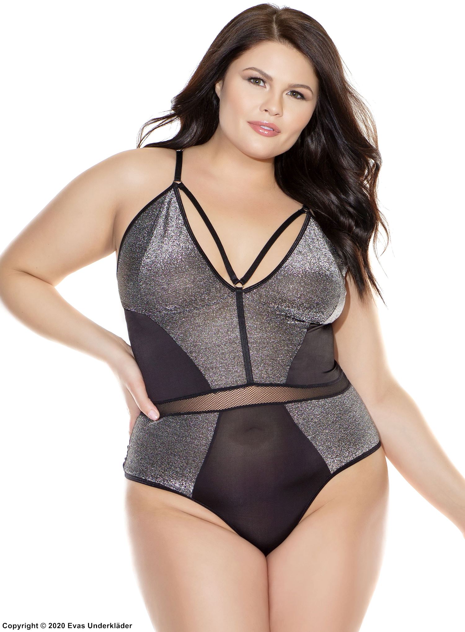 Teddy, glitter, straps over bust, net inlay, plus size